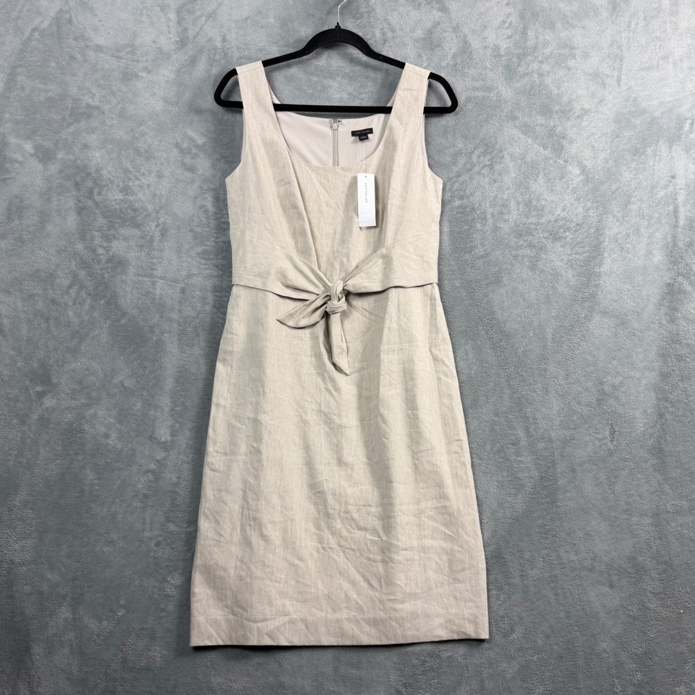 Ann Taylor Womens 6 Cream Sleeveless Front-Tie Linen Sheath Dress Quiet Luxury